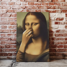 Obraz Mona Lisa zakrywająca nos jako śmieszna parodia do łazienki