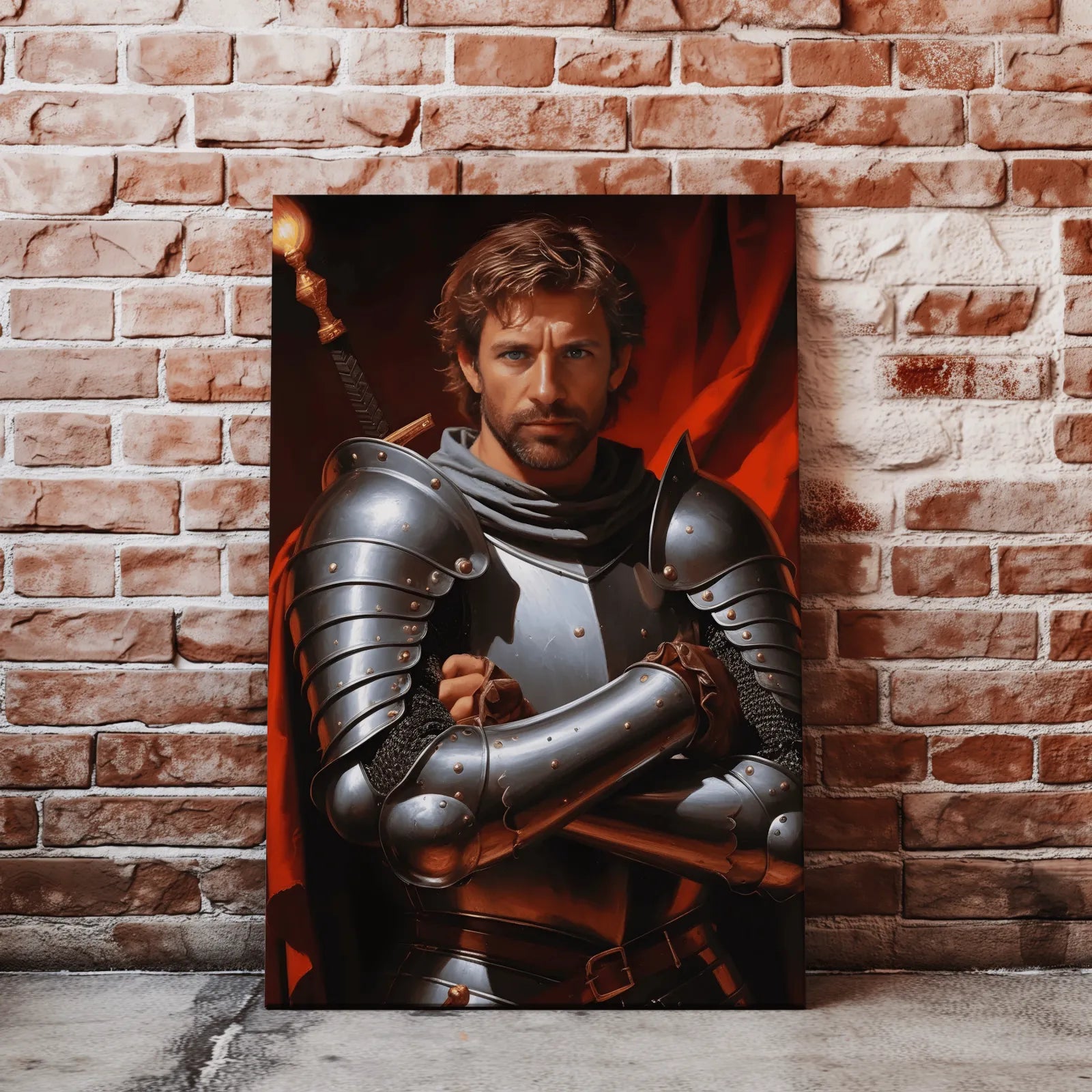 Portret Mrocznego Rycerza w Stalowej Zbroi w pełnej zbroi błyszczącej w świetle