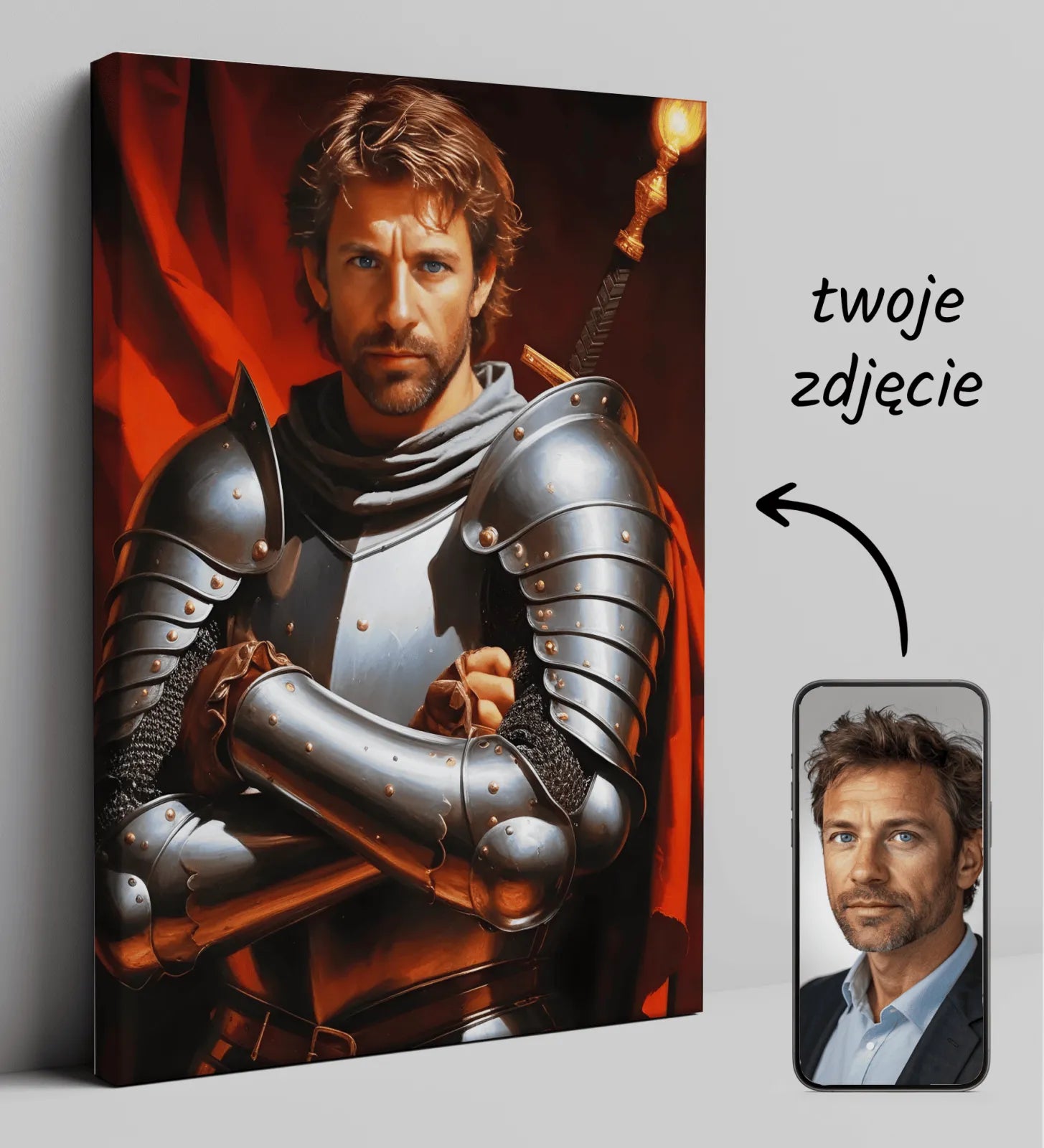 Personalizowany portret rycerza na płótnie Mroczny Rycerz w Stalowej Zbroi