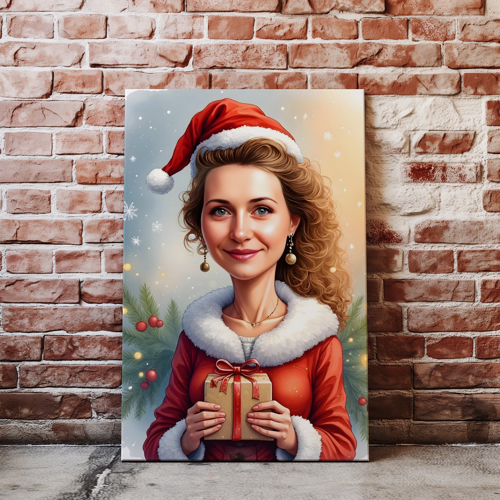 Portret kobiety z prezentem w stroju Mikołajki