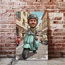 Portret karykatura ze zdjęcia – Włoski styl na skuterze