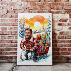Portret rodzinny na zamówienie – zimowa ilustracja z saniami i prezentami