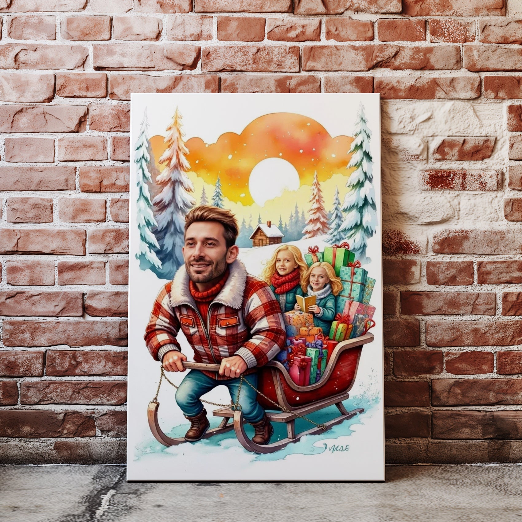 Portret rodzinny na zamówienie – zimowa ilustracja z saniami i prezentami