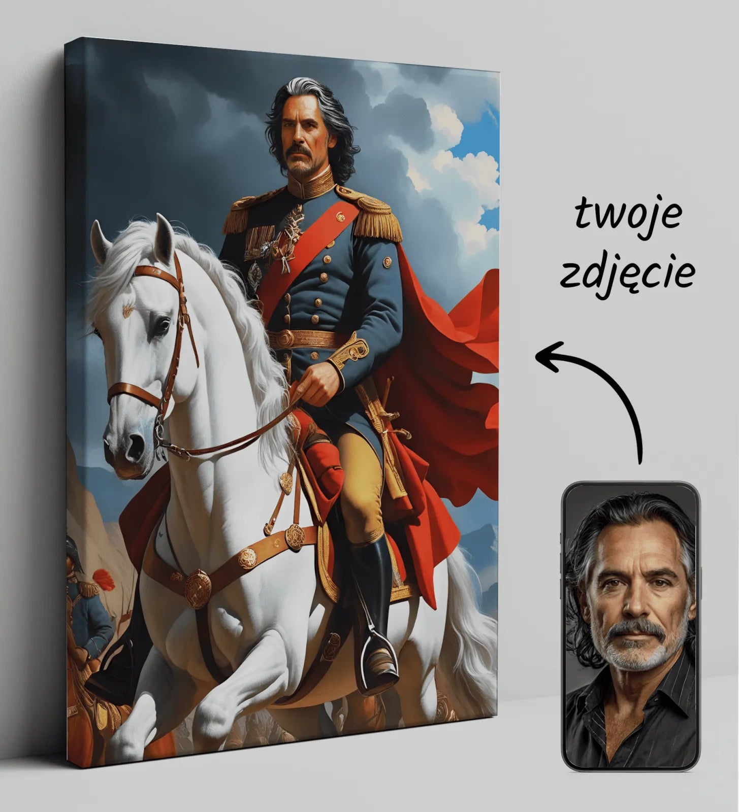 Personalizowany portret kanwasowy Napoleona na koniu, idealny do dekoracji wnętrz