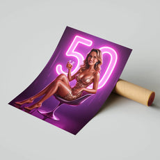 Plakat na 50 urodziny w stylu glamour z neonowym oświetleniem, Nowoczesna Diva