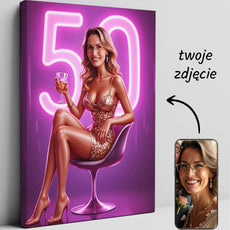 Personalizowany 50. urodzinowy obraz na płótnie z portretem Glamour Nowoczesna Diva w Blasku Neonów