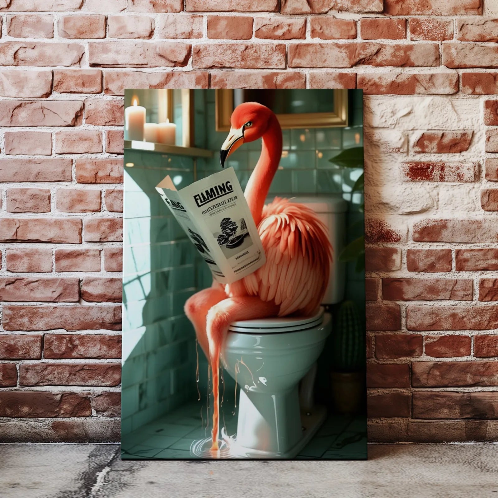 Humorystyczna sztuka flaminga na toaletę w produkcie Obraz flaminga na toaletę