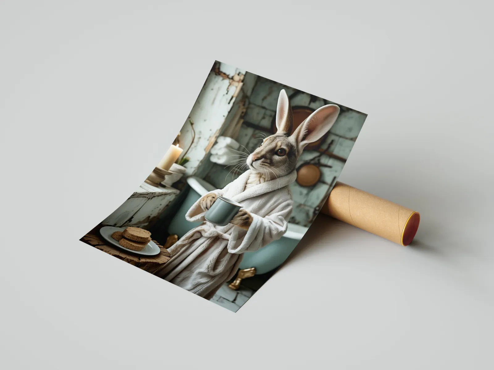 Zabawny królik w szlafroku na obrazie do łazienki