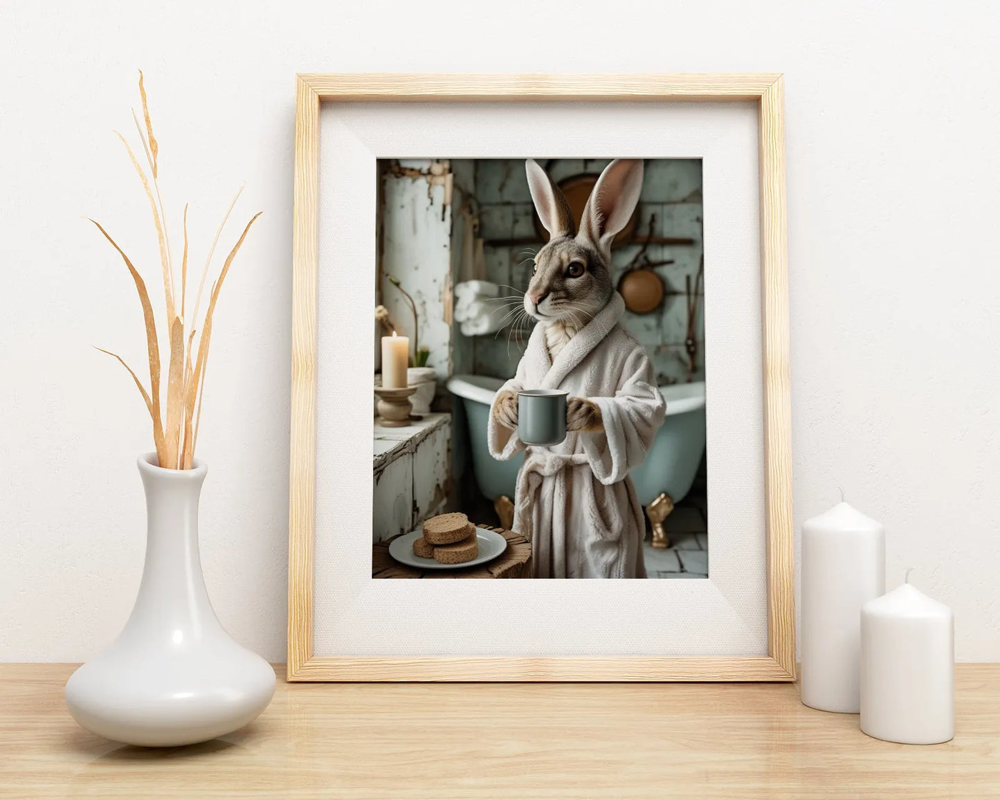Obraz do łazienki z królikem w szlafroku na tle kąpielowego wnętrza