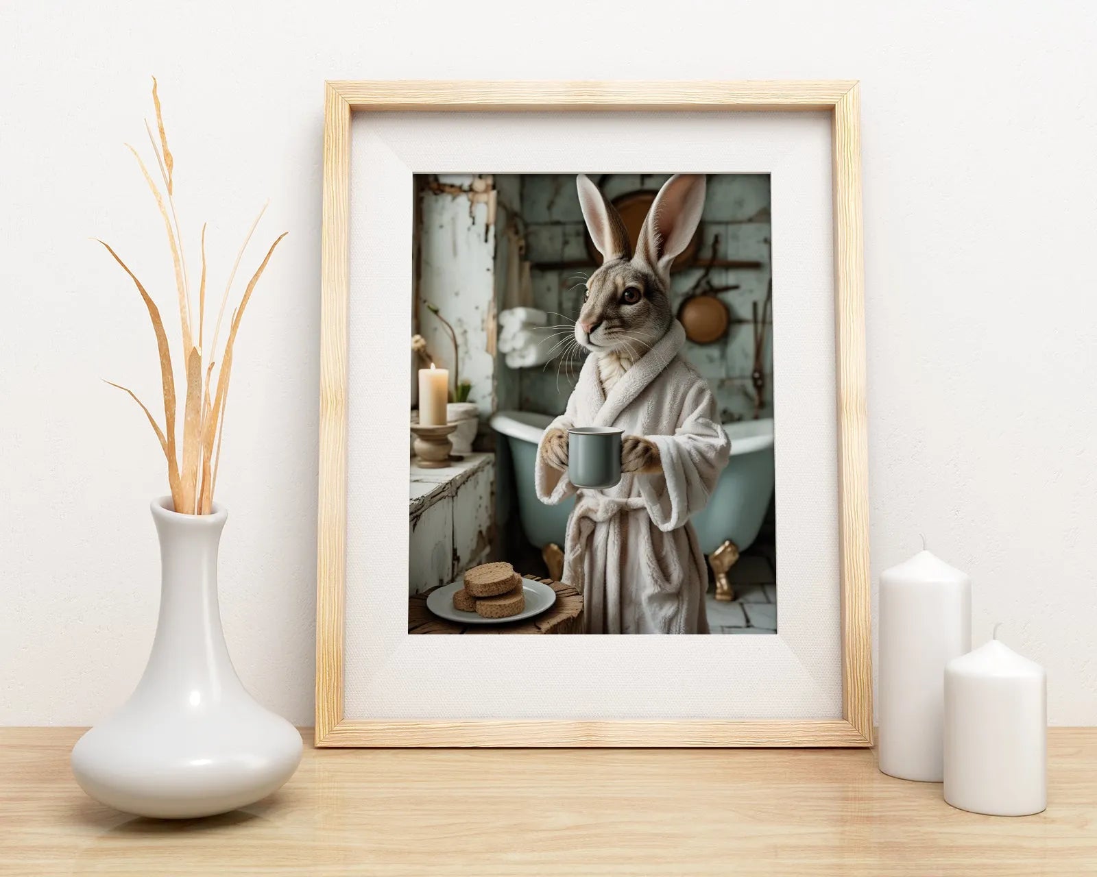 Obraz do łazienki z królikem w szlafroku na tle kąpielowego wnętrza