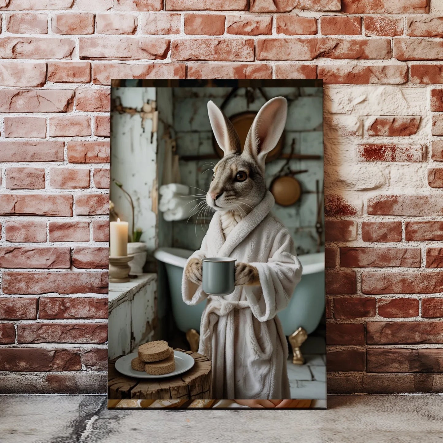 Humorystyczna grafika z królikiem w szlafroku na płótnie do łazienki