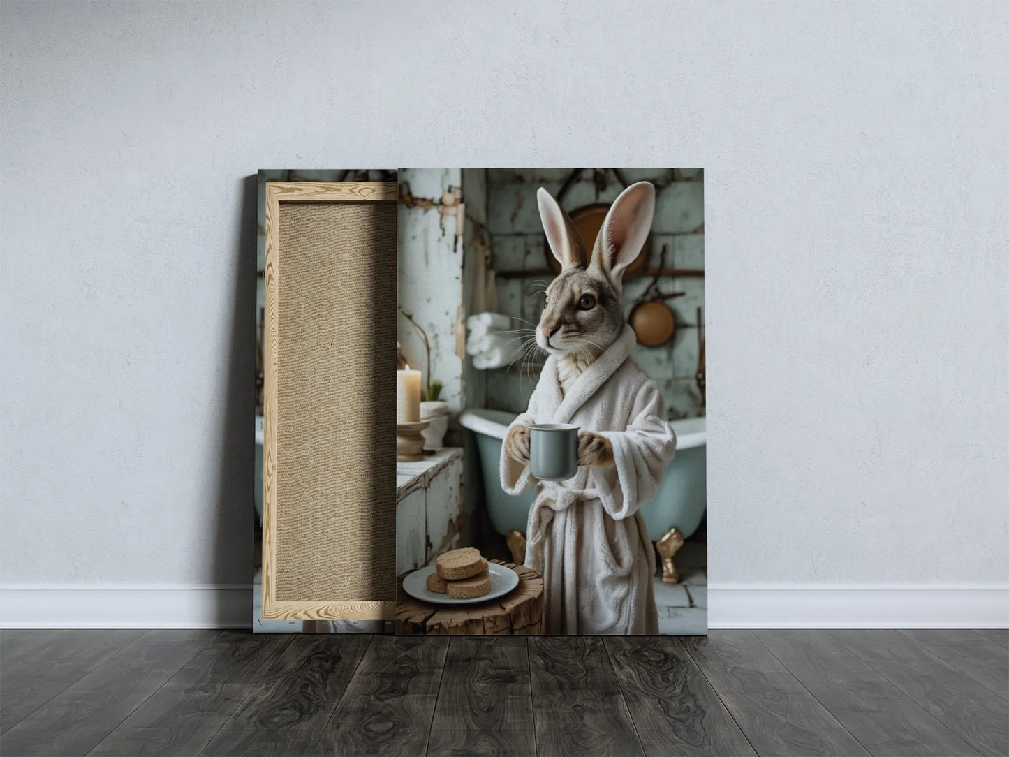 Obraz do łazienki z królikiem w szlafroku na płótnie