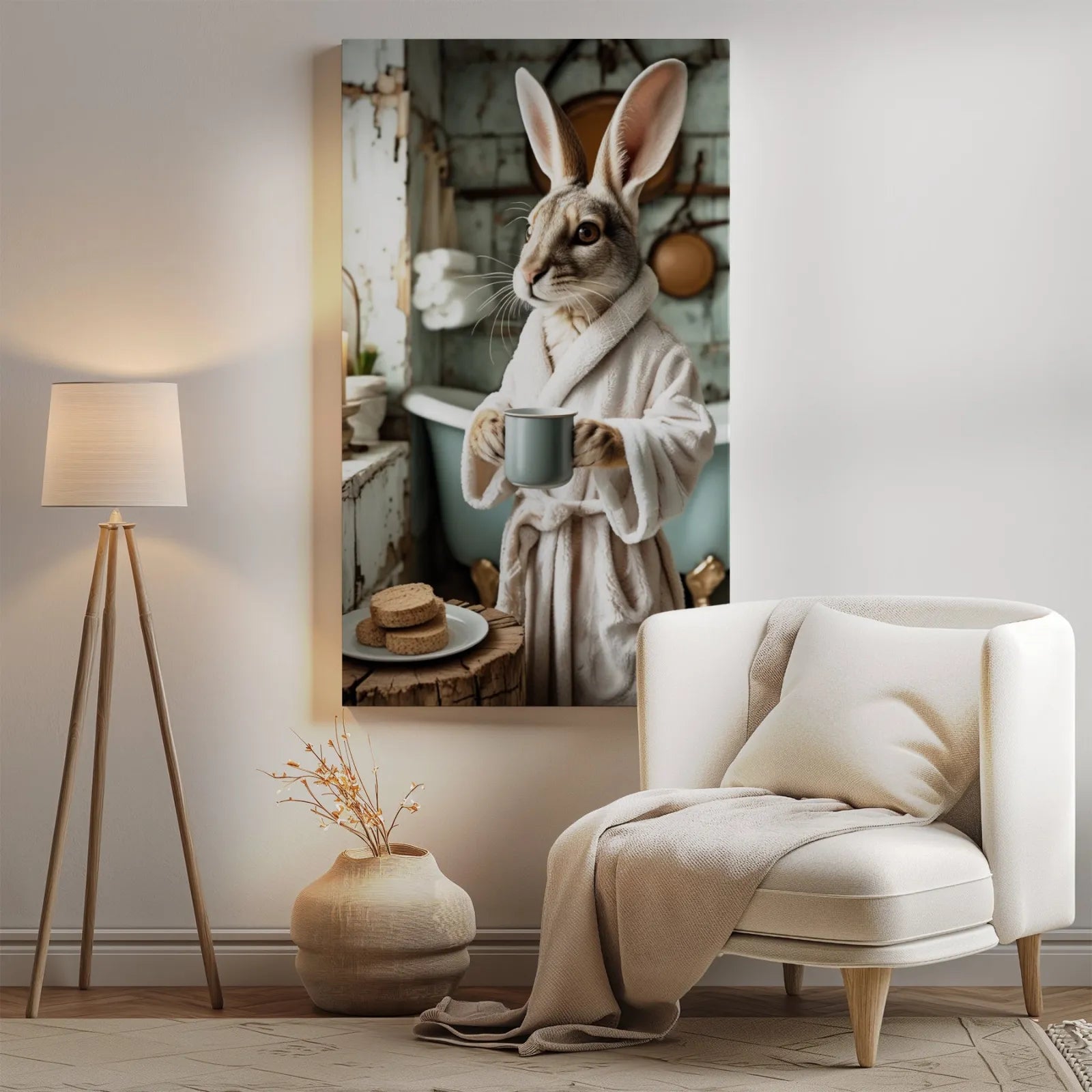Obraz do łazienki z antropomorficznym królikiem w szlafroku na płótnie