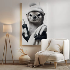 Otter art print na obraz do łazienki z wydrą w czapce, nowoczesny dekoracyjny motyw
