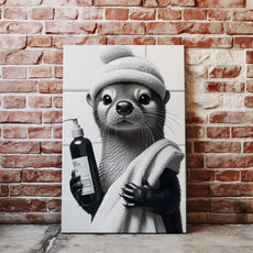 Otter w czapce trzymająca ręcznik i mydło na obrazie do łazienki