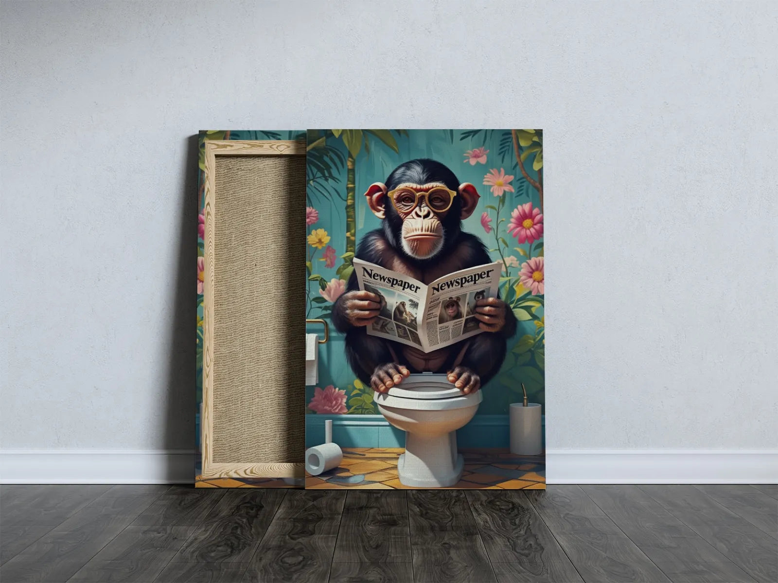 Zabawny obraz Małpa na Toalecie z Okularami i Gazetą, art print śmieszny plakat