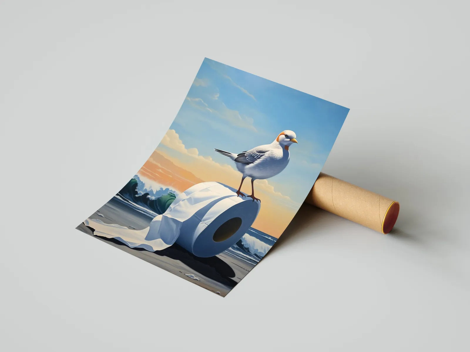 Seagull perched on toilet paper roll with beach scene print in Obraz Morski z Ptakiem i Papierem Toaletowym
