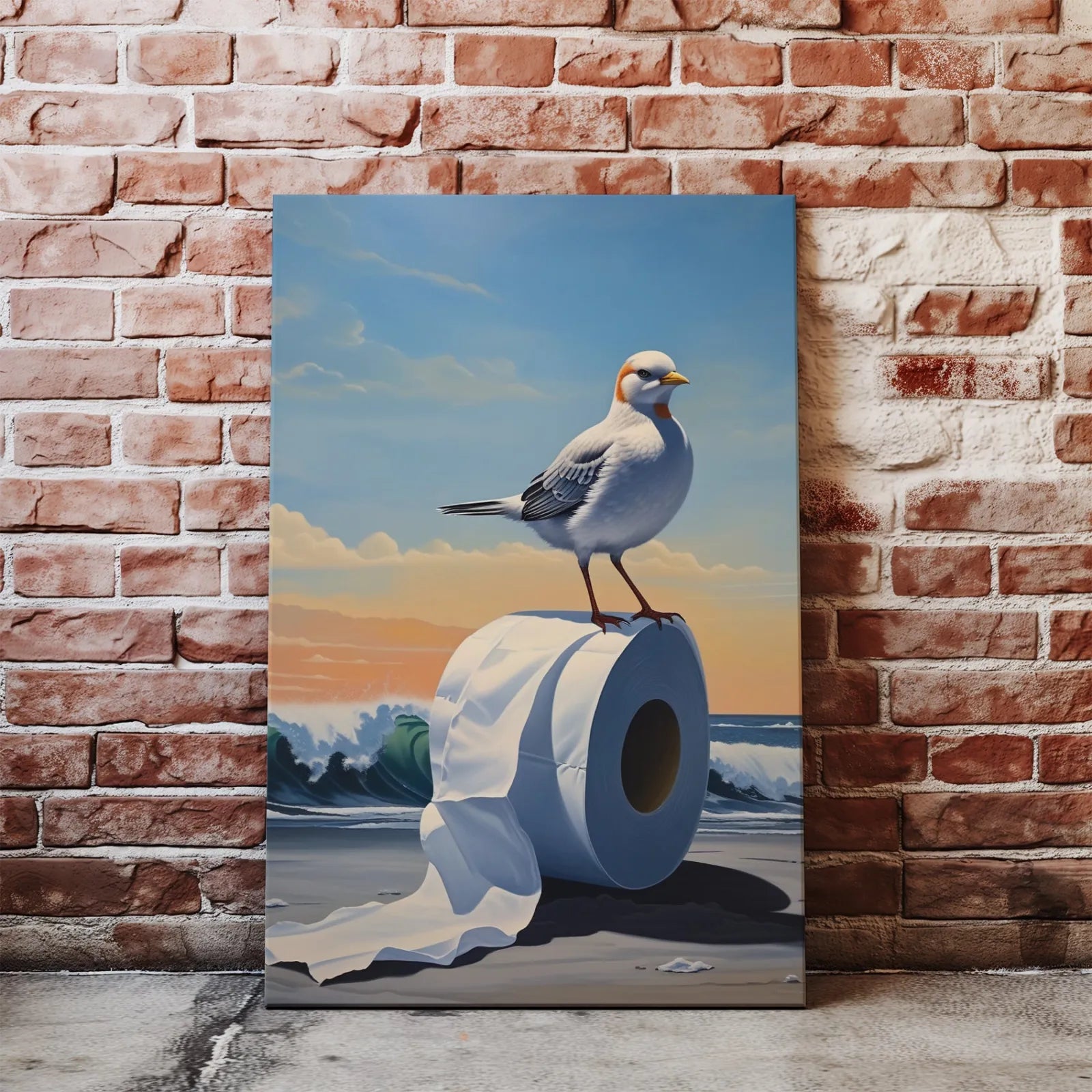 Morski obraz z ptakiem i papierem toaletowym, seagull na rolce papieru