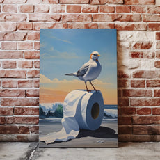 Morski obraz z ptakiem i papierem toaletowym, seagull na rolce papieru