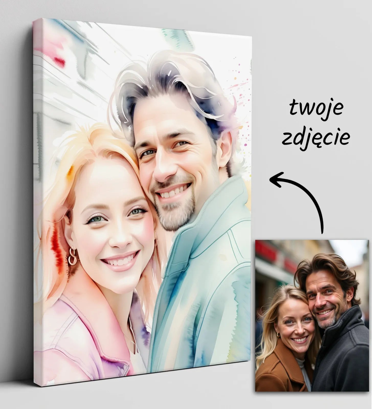 Akwarelowy portret pary na płótnie w produkcie Obraz ze zdjęcia w stylu akwareli