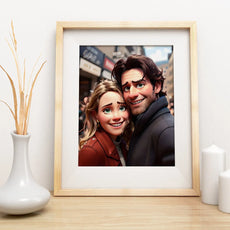 Framed cartoon couple portrait in 3D Pixar animation style artwork