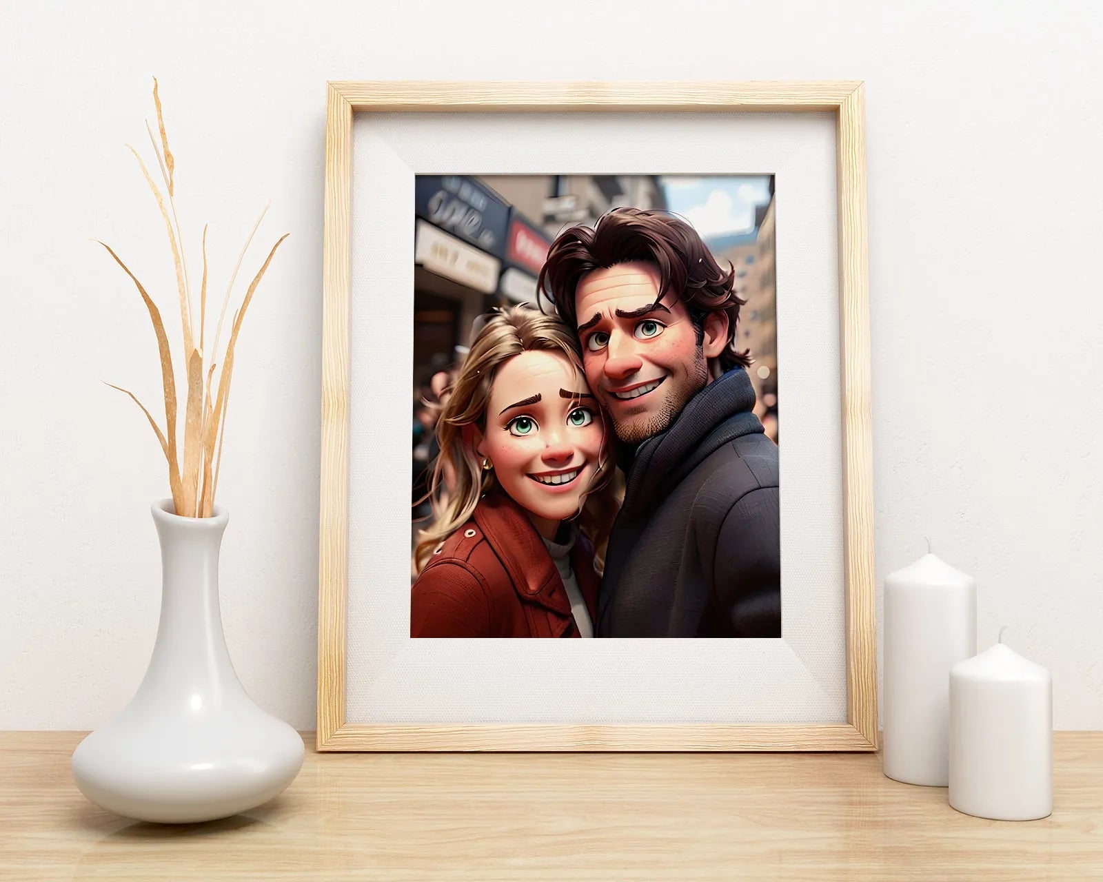 Framed cartoon couple portrait in 3D Pixar animation style artwork