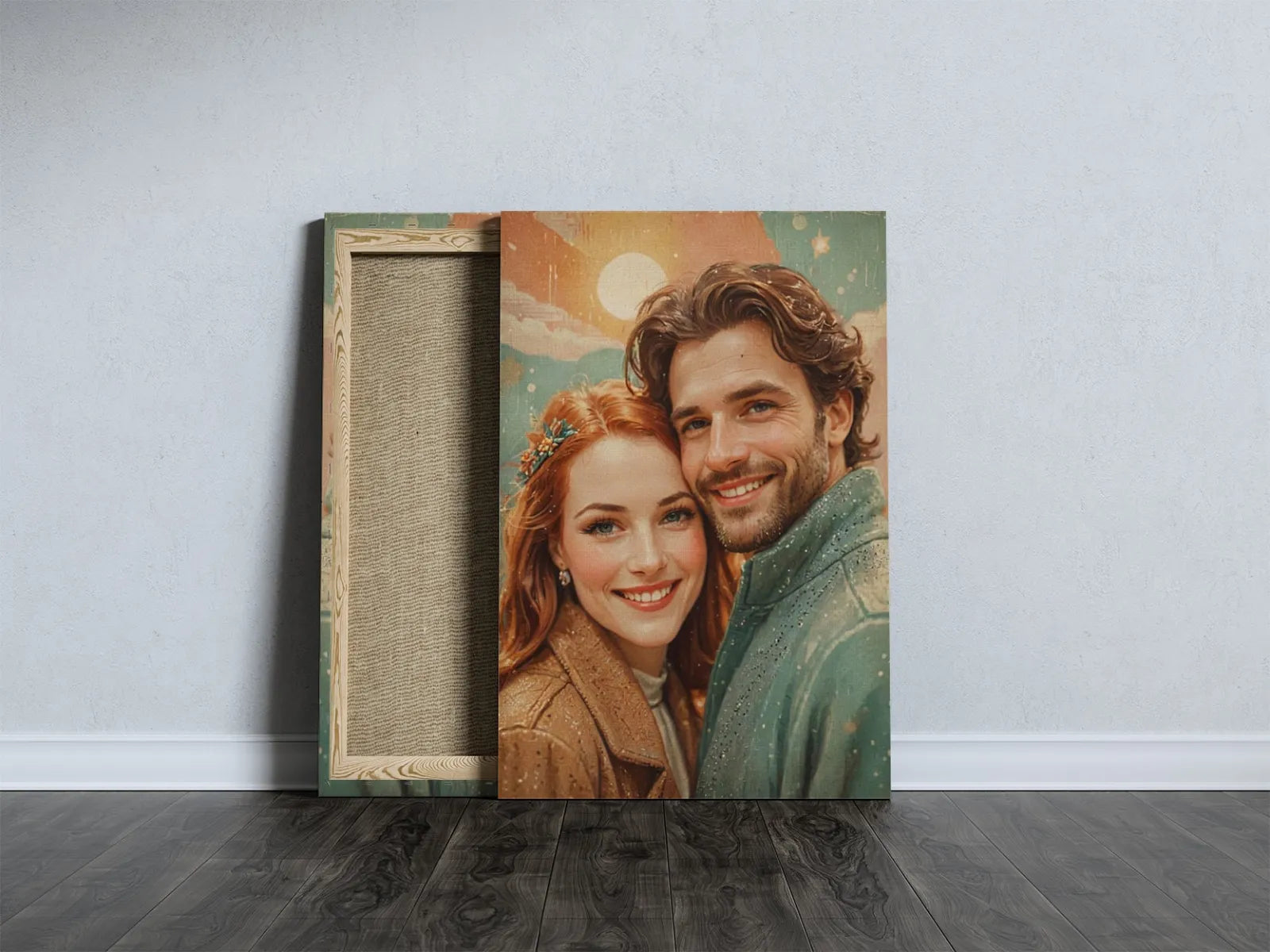 Canvas print przedstawiający uśmiechniętą parę w stylu bajkowym vintage