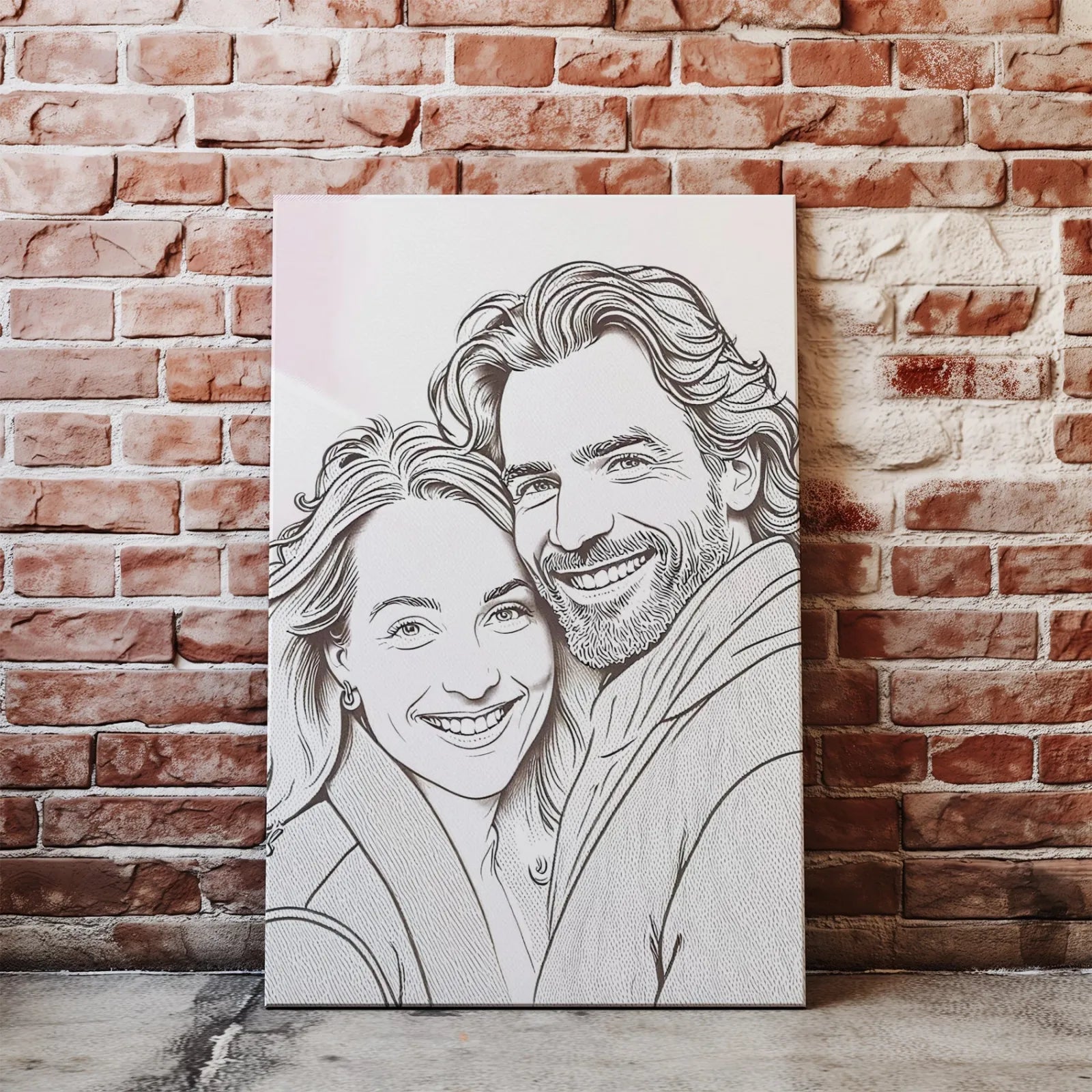 Framed couple portrait in engraved sketch style under Obraz ze zdjęcia w stylu grawerowanej kreski