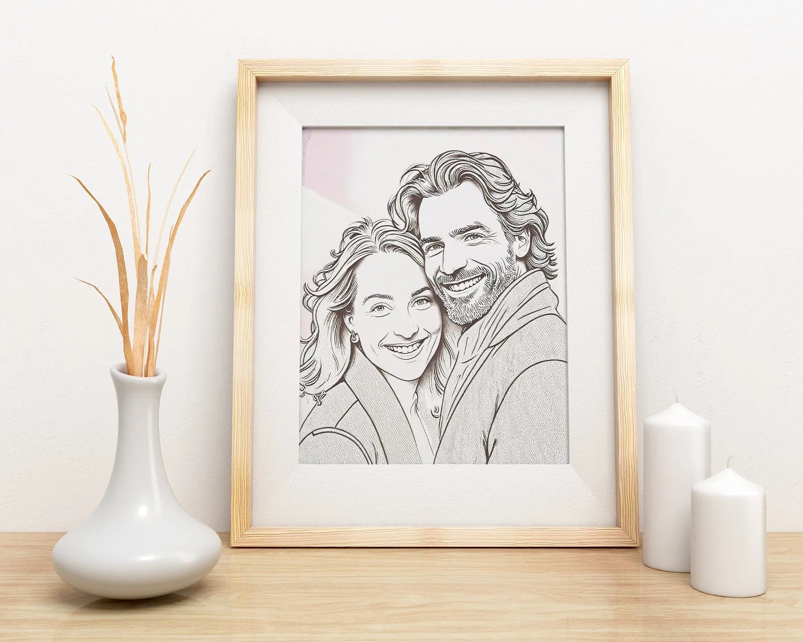 Framed couple portrait in the style of engraved line art Obraz ze zdjęcia