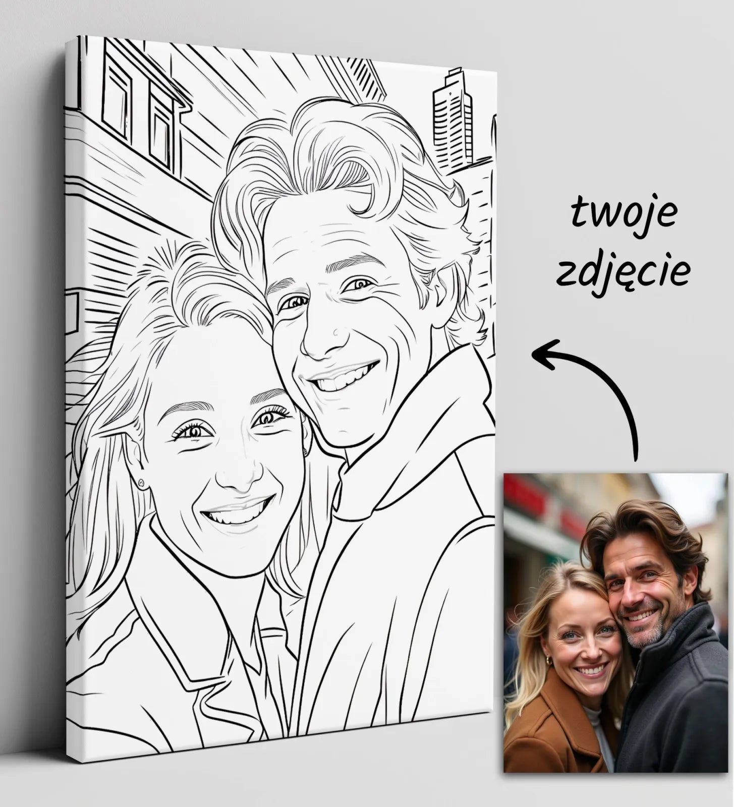 Personalizowany portret pary na płótnie Obraz ze zdjęcia w stylu grawerowanej kreski