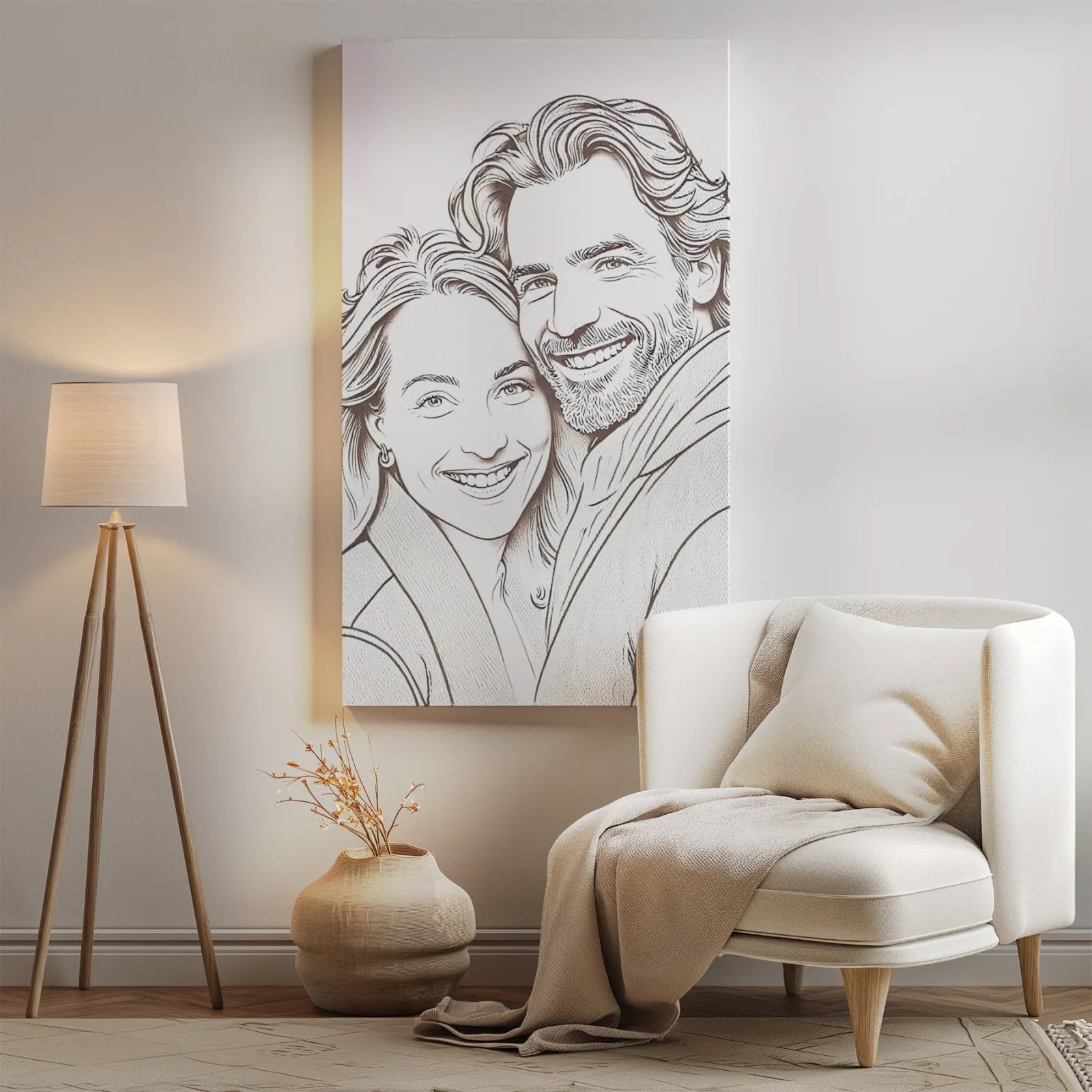 Line art portrait of a couple in a laser-etched style artwork