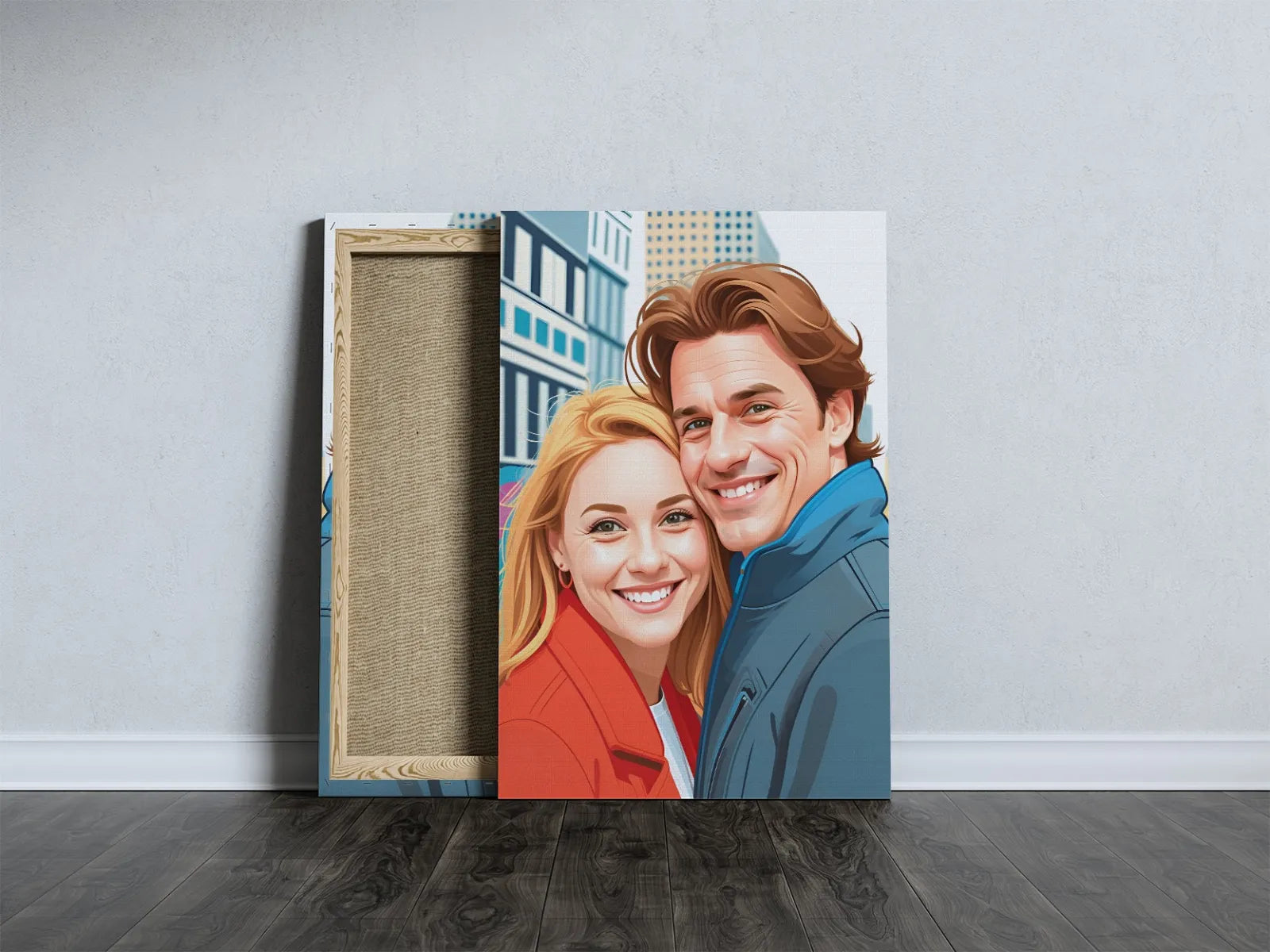 Canvas print przedstawiający uśmiechniętą parę w stylu ilustracji cyfrowej
