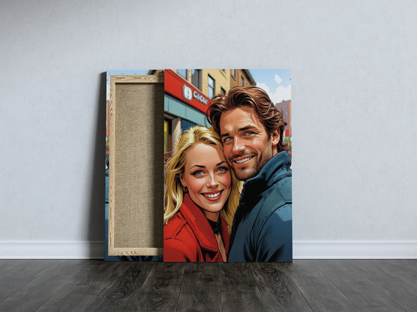 Canvas print przedstawiający uśmiechniętą parę w stylu komiksowym 2D
