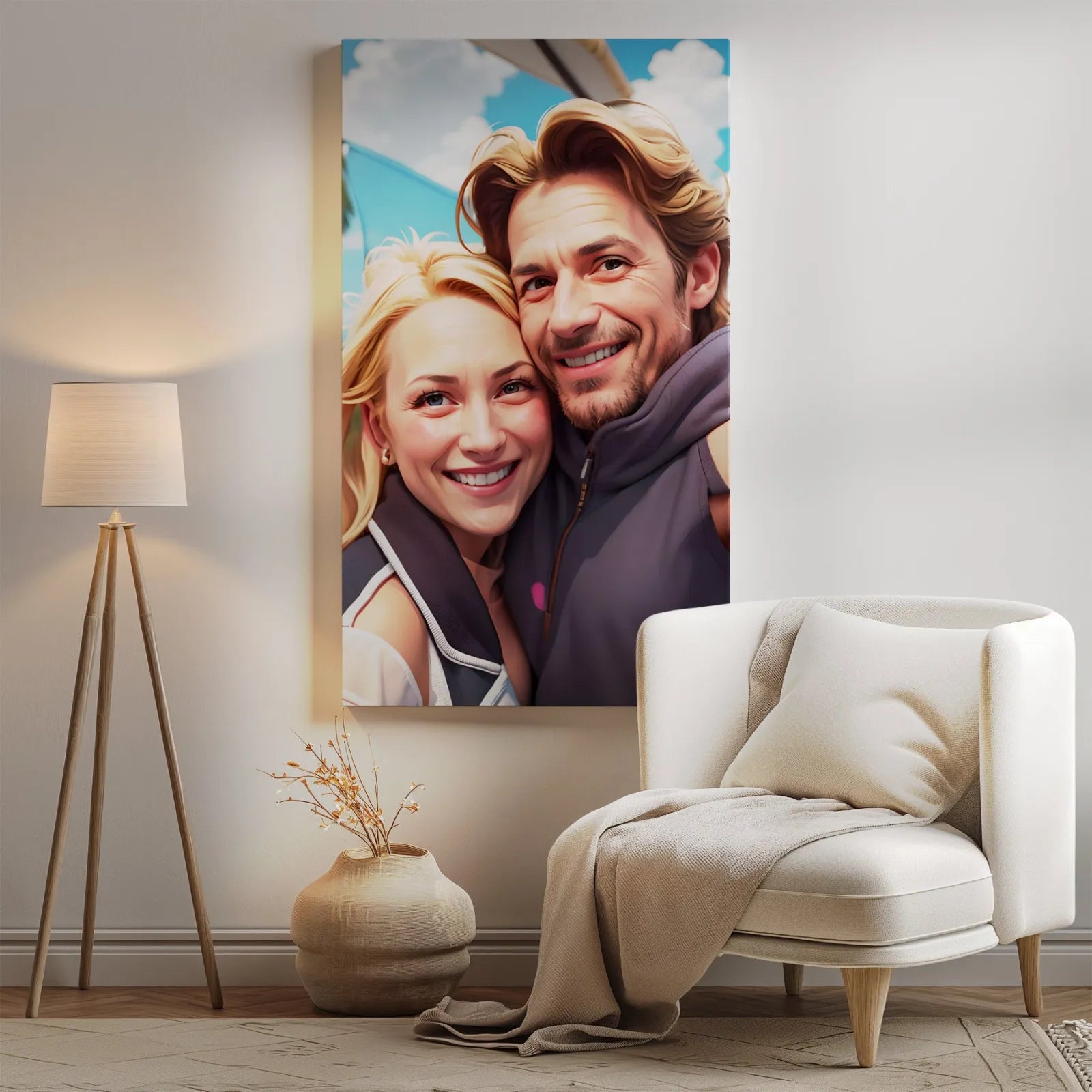 Framed portrait of a smiling couple in Summer Realism 3D style artwork