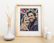 Framed portrait of a smiling couple in an oil painting style artwork