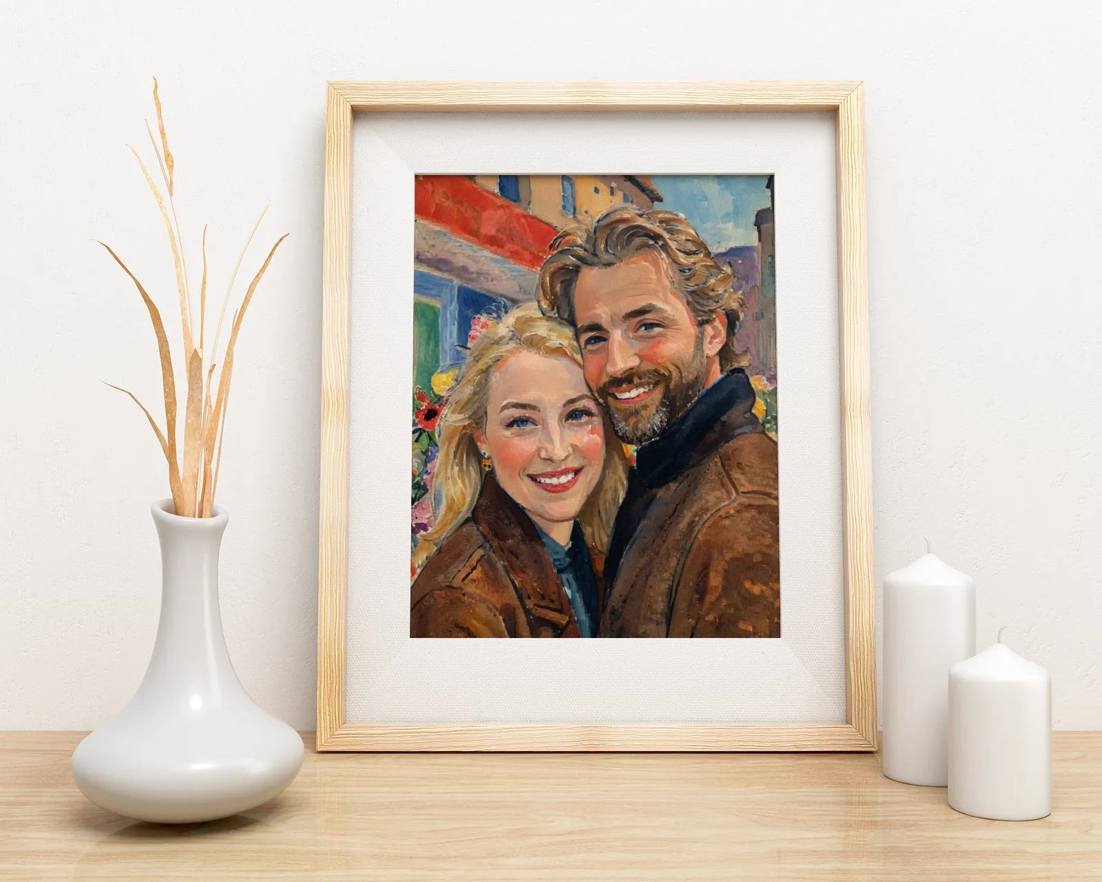 Framed portrait painting of a smiling couple in the style of outdoor painting