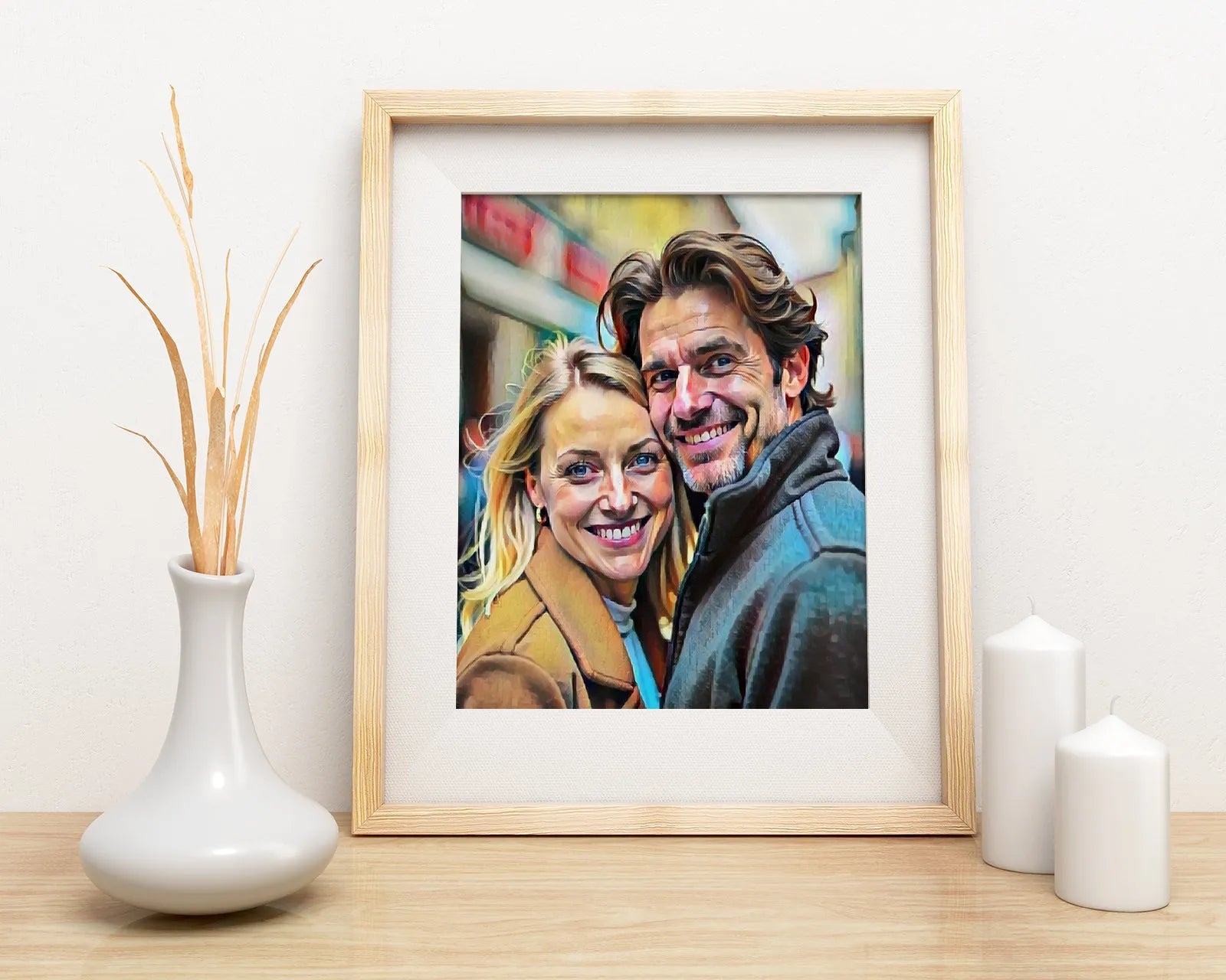 Framed portrait of a smiling couple in nowoczesnej malarskiej tekstury style