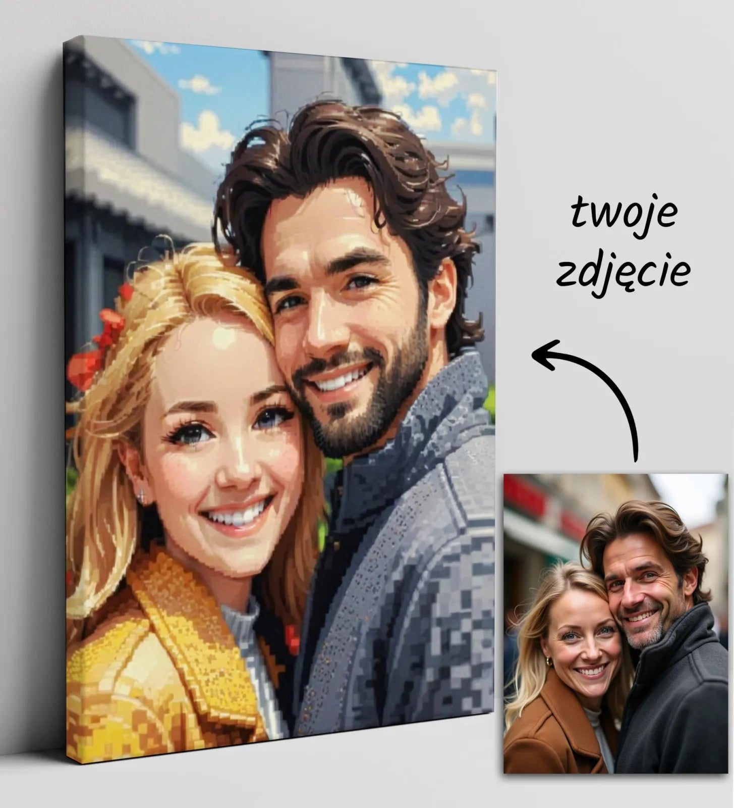 Personalizowany portret pary na płótnie w stylu pikselowej mozaiki