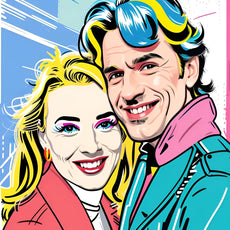 Vibrant pop-art stylized portrait of a cartoon couple for personalized gift