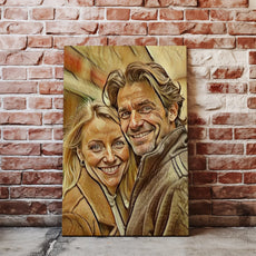 Framed portrait of a smiling couple in sepia-pencil drawing style