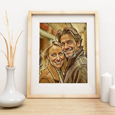 Framed portrait of a couple in sepia pencil style artwork