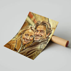 Framed portrait of a smiling couple in sepia pencil style artwork