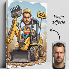 Karykatura operatora koparki na płótnie na urodziny