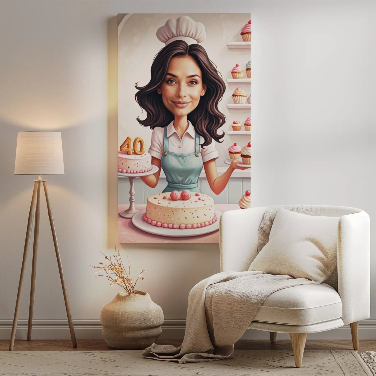 Karykatura kobiety jako cukierniczka w stylu pastelowym, cartoon baker portrait