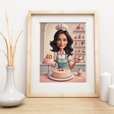 Framed cartoon baker print na pastelowym tle w produkcie Pastelowa karykatura kobiety jako cukierniczka