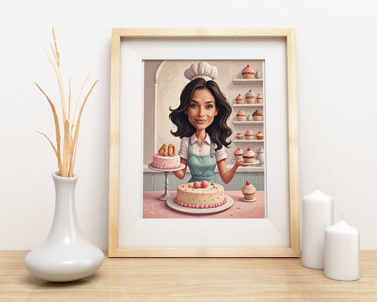 Framed cartoon baker print na pastelowym tle w produkcie Pastelowa karykatura kobiety jako cukierniczka