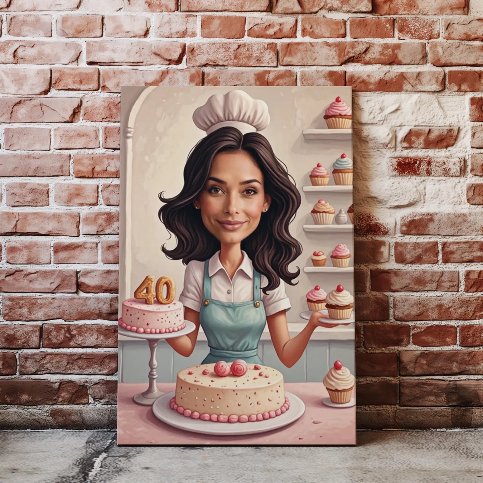 Karykatura kobiety cukierniczki w pastelowych kolorach z ciastkami