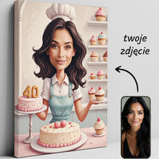 Personalizowany obraz na płótnie przedstawiający pastelową karykaturę kobiety jako cukierniczki