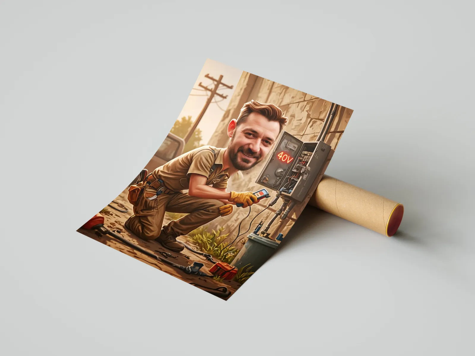 Ilustracja kreskówkowego elektryka na plakat z okazji urodzin personalizowanej grafiki