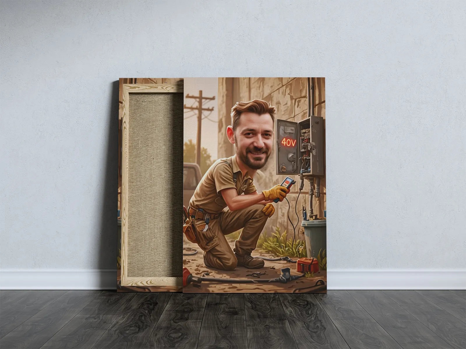 Personalizowana grafika dla elektryka z karykaturą na płótnie cyfry urodzinną